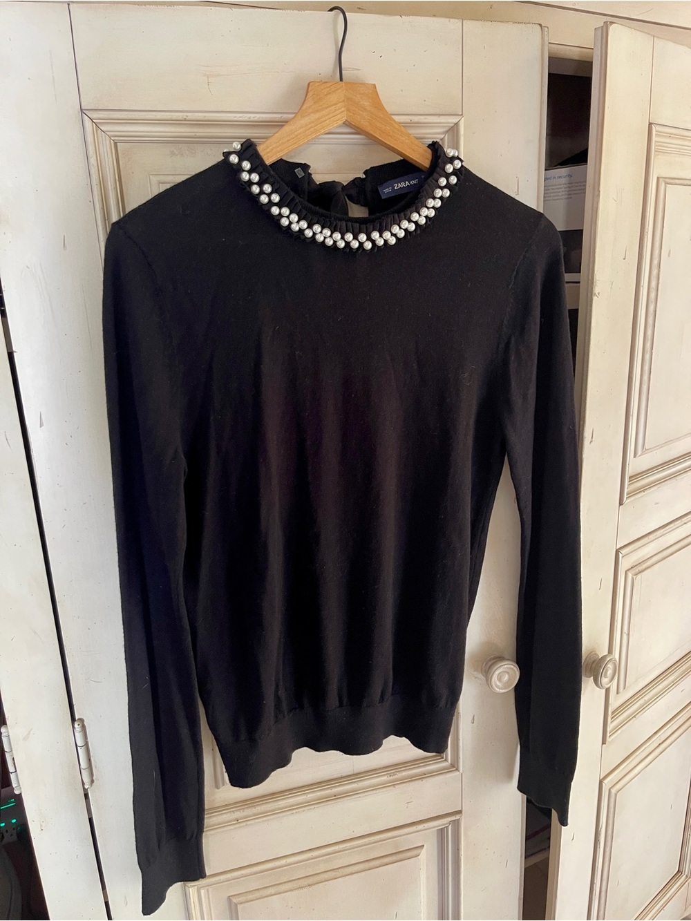 Zara Black Long Sleeve Top with Pearl Collar